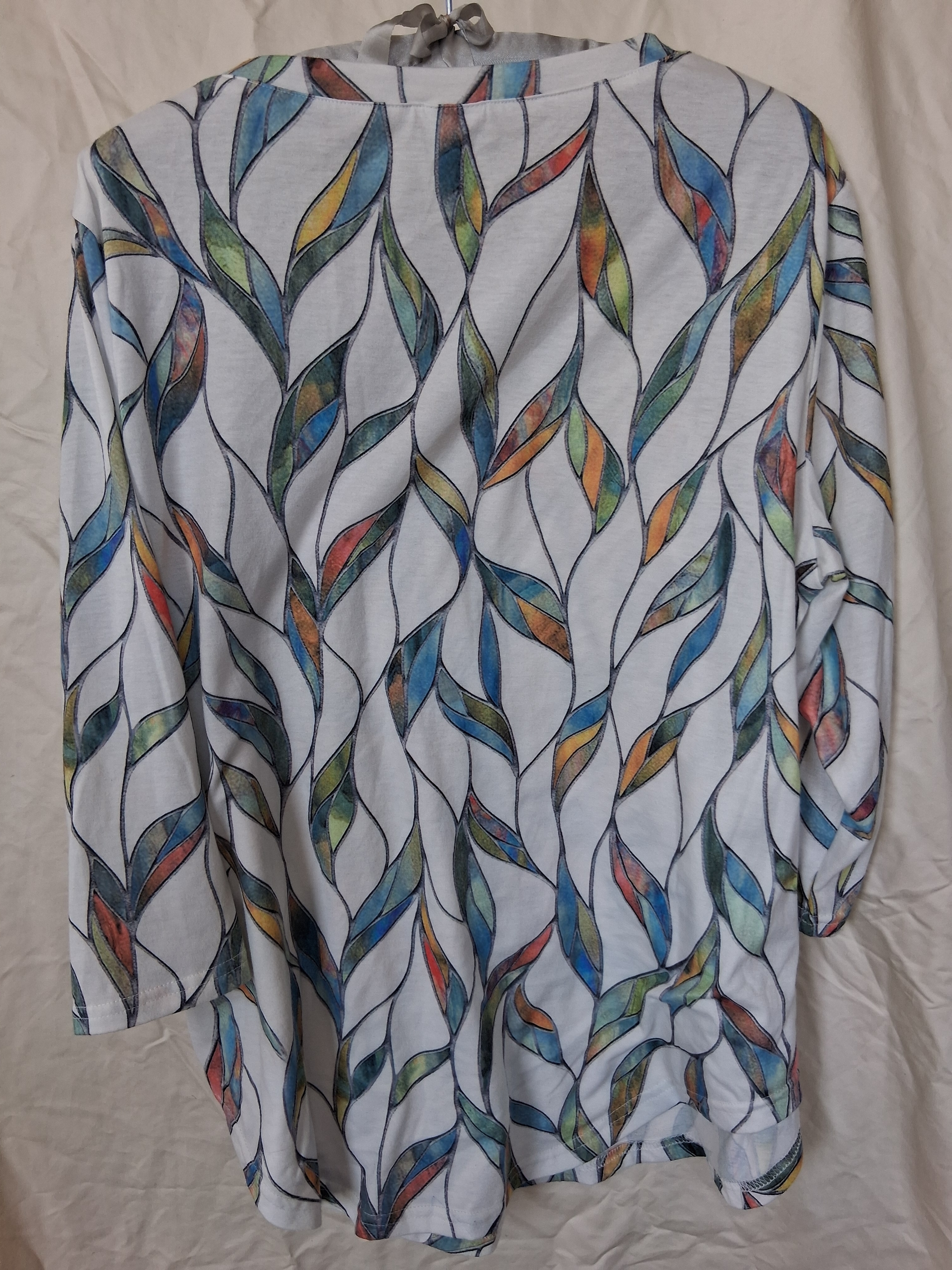 Women's White Long-Sleeve Shirt With Multi-Color Leaf Motif
